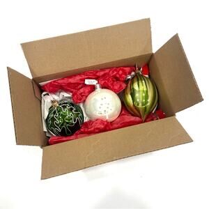 Crate & Barrel Set of 3 Blown Glass Ornaments Green White Tree Glitter